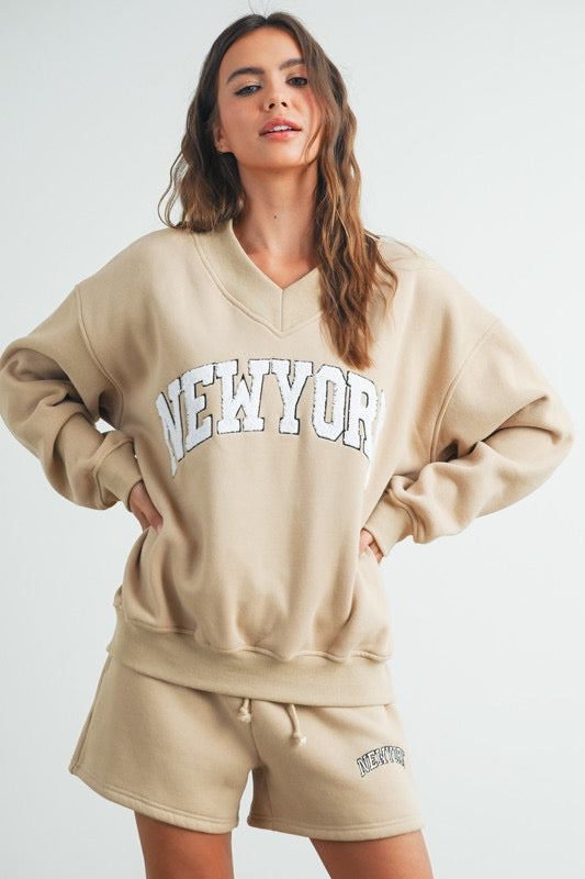 Taupe New York Embroidered Crewneck